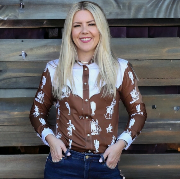 RANCH DRESSN Fallon Taylor Brown Buckaroo Performance Rodeo Cowgirl shirt sz XL - Picture 2 of 13